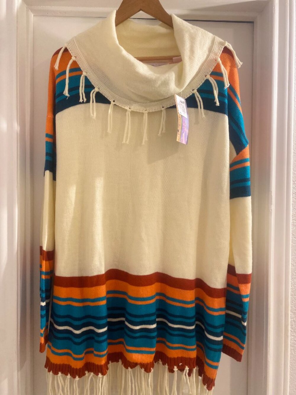 Panhandle Women's NWT Southwestern Fringe Cowl Neck Knit Sweater XXL